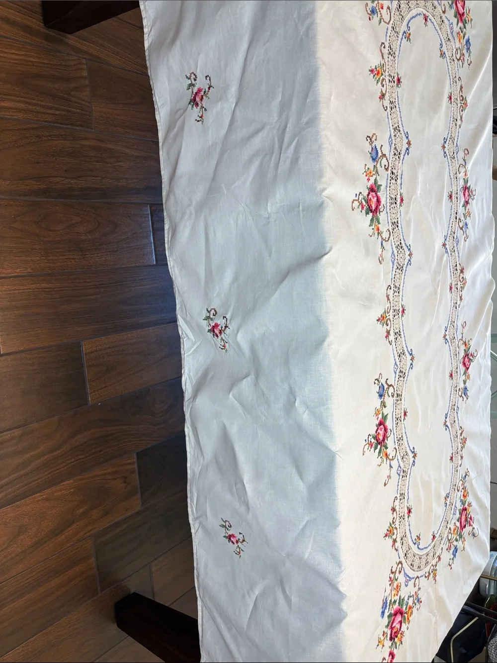 Vintage Large Embroidered & Crochet Floral Tablecloth White, Pink & Multicolor